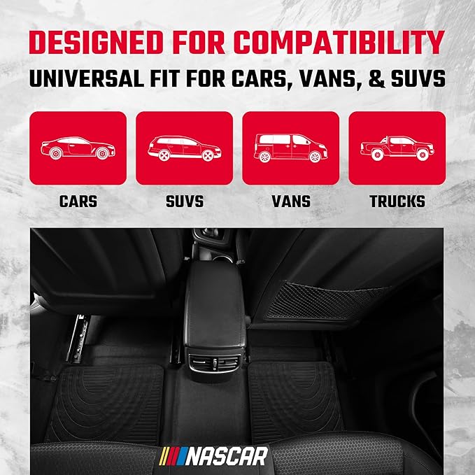 NASCAR Essential Car Floor Mats – 4-Piece Set | All-Weather Protection | Universal Fit for Cars, Trucks & SUVs | Trim-to-Fit | Black Rubber Floor Mats
