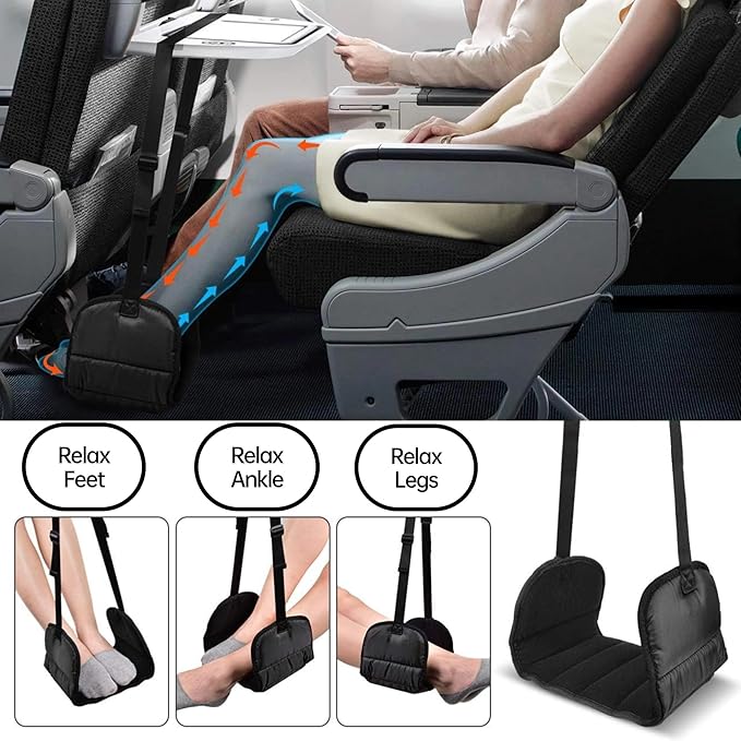 Portable Travel Sleep Comfort Set for Plane 2 Inflatable Travel Pillows,Foot Rest Hammock,Eye Mask Ear Plugs for Airplane Flight Essentials for Seat Airplane Gadgets for Sleep Comfort Kit