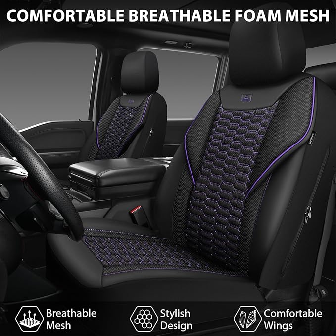 CAR PASS 3D Foam Mesh Leather Car Seat Covers Front Seats,Breathable Mesh Front Seat Covers for Women,Universal Fit for Cars SUV Truck Sedan Van Automotive,Armrest Airbag Compatible,Black and Purple