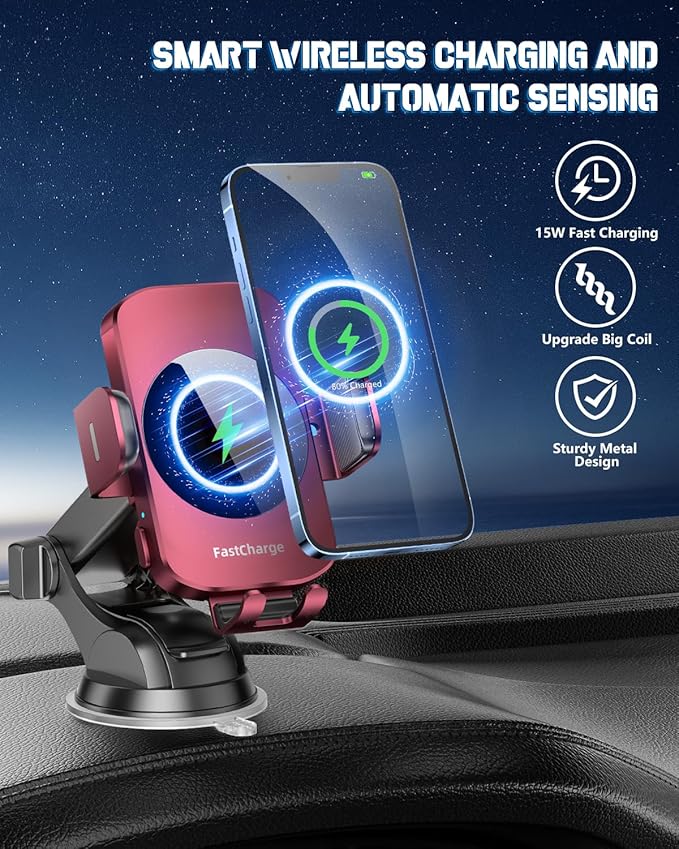 BothLin Wireless Car Charger, Fast Charging Phone Holder 3 in 1 Phone Mount Auto Clamping Car Accessories Compatible with iPhone 17 16 15 14 13 12 11 Xs XR, Samsung S23 Ultra S22 S21 S20(Deep Red)