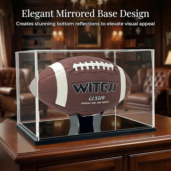 Acrylic Football Display Case with Ball Holder Base – a Memorabilia Showcase Storage Box Designed for Full-Size Football Collectibles. Perfect for Sport Lovers to Display Their Footballs
