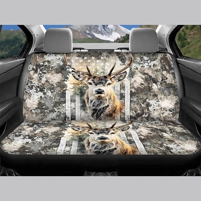 KEIAHUAN Car Seat Cover Full Set of 4 for Men Front Saddle Blanket Rear Split Bench Protection Cover Car Interior Accessories Decoration Fit Most Trucks, SUV or Vans American Flag Camo Deer Hunting