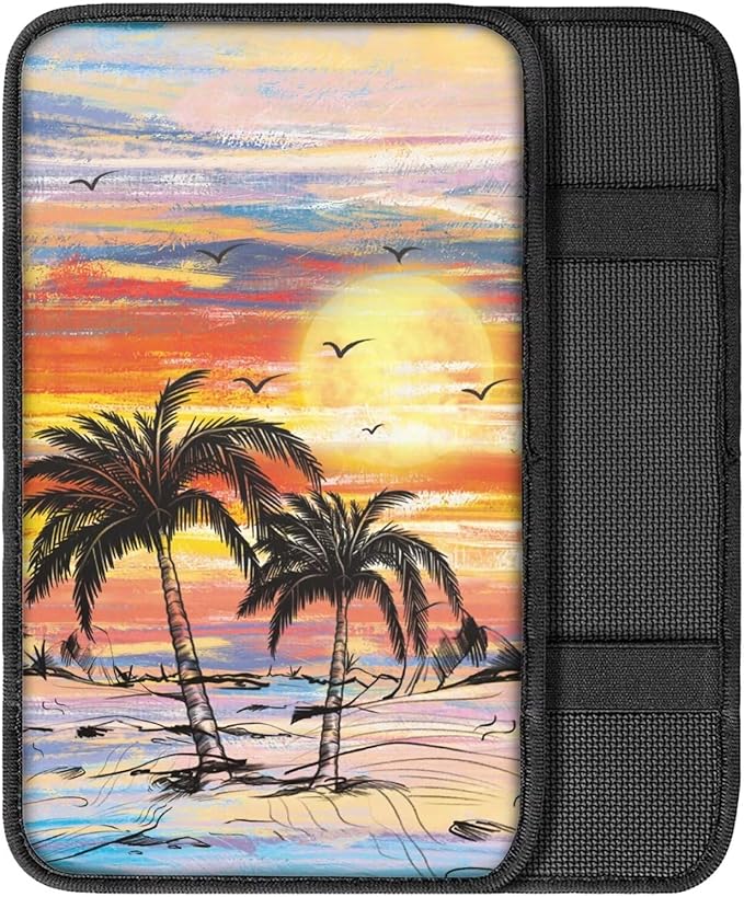 Beach Palam Tree Car Center Console Cover Washable Car Accessories Cars Armrest Box Pad for Comfortable Support, Universal Armrest Cover for Vehicles Truck SUV