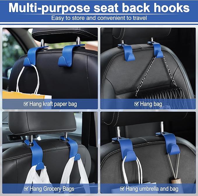 LivTee Car Seat Headrest Hook, Car Headrest Hidden Hook, 4 Pack Universal Auto Car Back Seat Hook Organizer for Purse Coat, Car Interior Accessories (Blue)