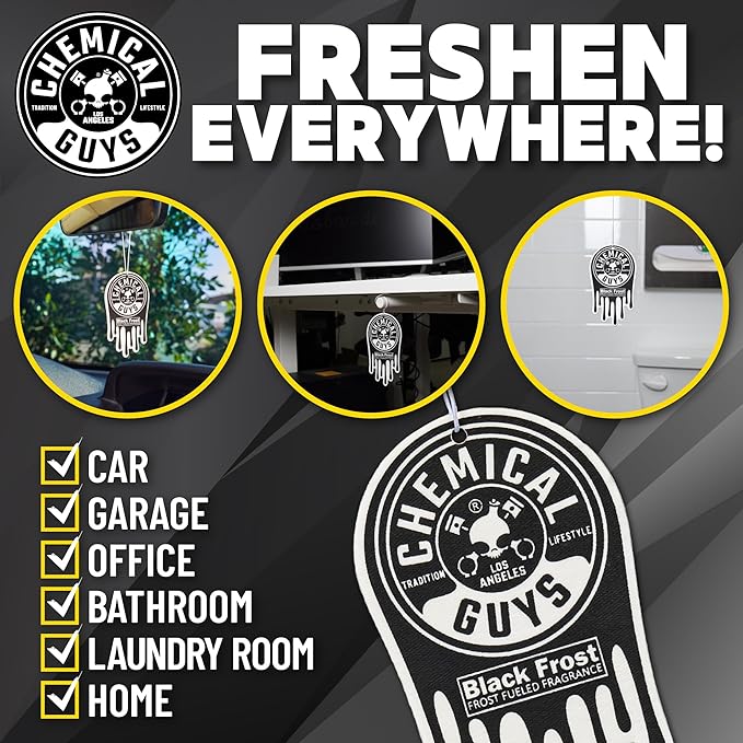 Chemical Guys Car Fresheners, Hanging Air Freshener, Black Frost Scent 12 Pack, Great for Cars, Trucks, SUVs, RVs, Home, Garage, Workspace, Dorm Room & More (4 x 3 Packs)