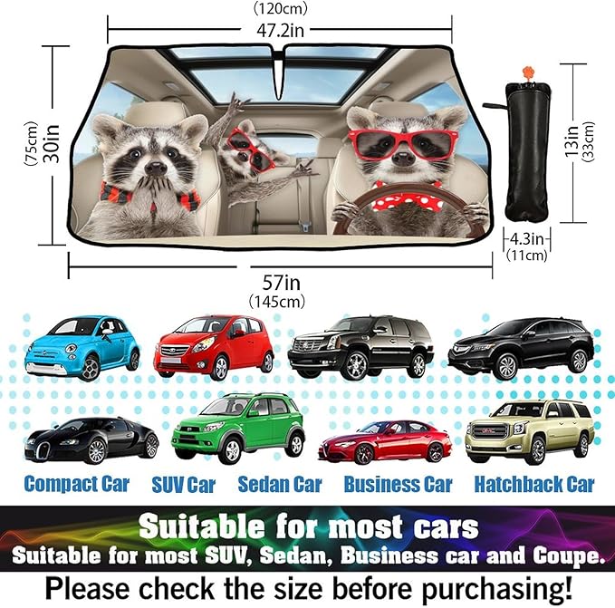 CHILL·TEK Funny Animals Car Windshield Umbrella, Raccoons Sun Shade Umbrellas for Car Front Window,Block UV Rays Foldable Windshield Umbrella Sun Visor Protector-Keep Vehicle Cool for Most Vehicles