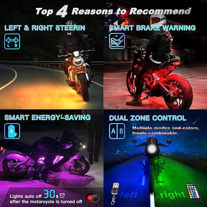 16PCS Motorcycle RGB LED Light Kit with Handlebar Switch Brake Turn Signal, Multicolor Underglow Lights with APP/RF Remote, Neon Strips Accent 12V Waterproof for Cruiser,Touring & Adventure Motorcycle