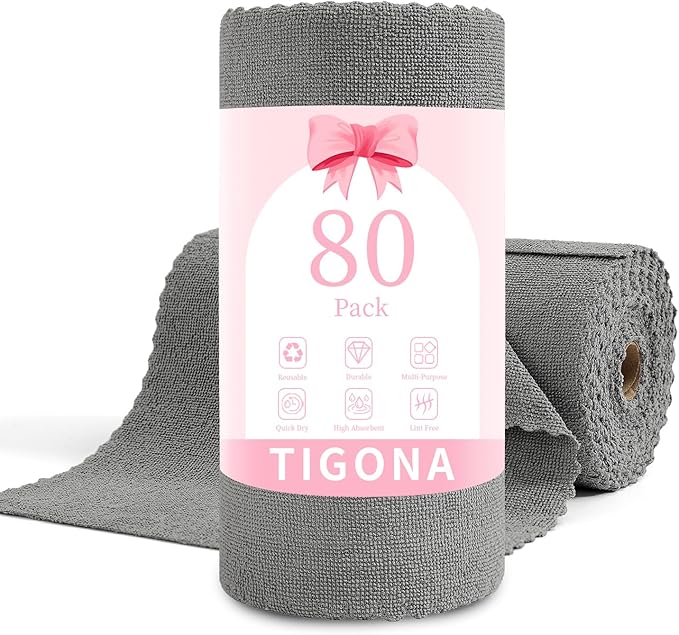 80 Pack Microfiber Cleaning Cloth Roll,Lint Free Rags & Tear Away Reusable Towels Washable Scratch,Ultra Absorbent Dish Rags(12" x 12") for Car Kitchen Home Garage-Dark Gray