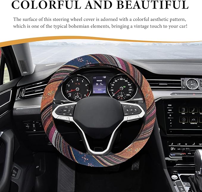 Boho Steering Wheel Cover, 15 Inch Coarse Flax Cloth Ethnic Style Anti-Slip Car Wheel Wrap, Universal Breathable Bohemian Steering Wheel Protector for Cars Vans Trucks (C)