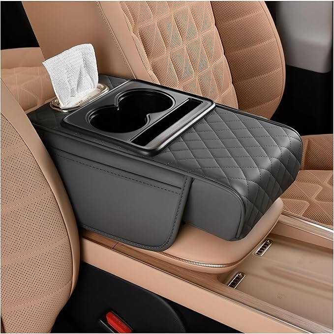 Zpana Car Center Console Armrest Pillow, Memory Foam Leather 4 in 1 Vehicle Arm Rest Cover with Tissue Box 2 Side Storage Bag Cup & Phone Holder, Auto Armrest Cushion, Universal Fit (Gray)