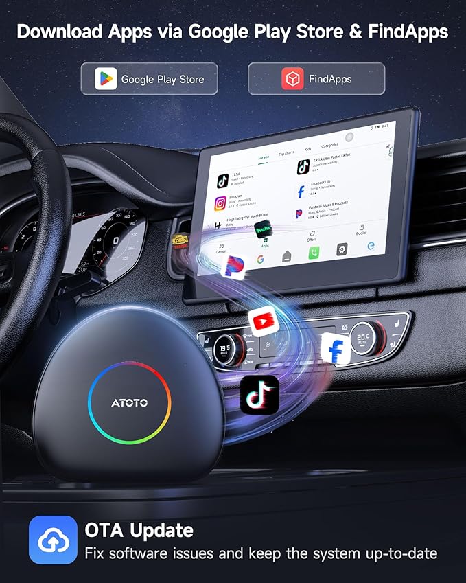 CB6C AI Box CarPlay, Wireless CarPlay/AndroidAuto Adapter with YouTube, Car Video Box with AI Assistant, GPS Navigation, Android 13, 4G LTE, Expandable to 256GB, Watch Videos in Your Car
