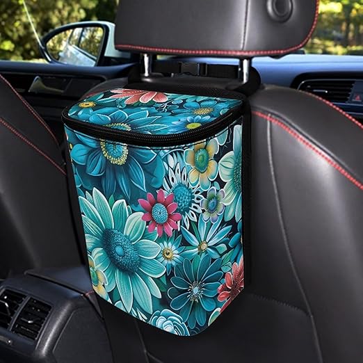 Novelty Floral Car Trash Can Auto Garbage Bag with Lid Leak-Proof Car Storage Bag Garbage Bag Hanging for Headrest Portable Vehicle Backseat Organizer