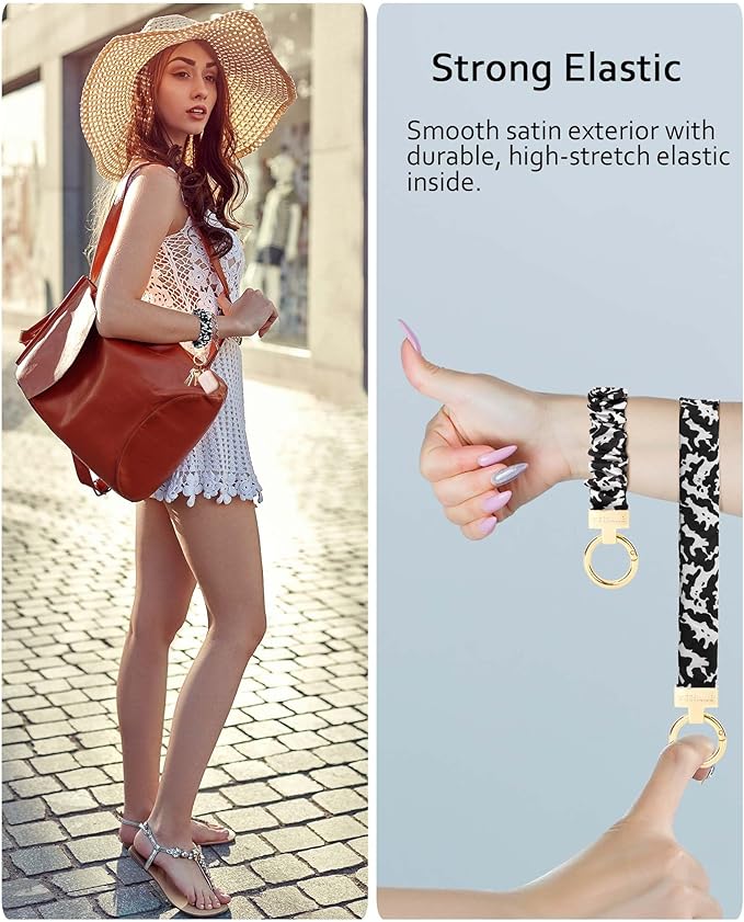 WEESMILE Keychain Wristlet, Stretchy Key Chain for Car Keys with D ring, Cute Scrunchie Wrist Bracelet for Women Men