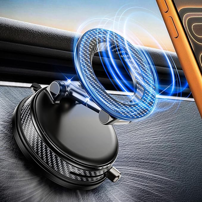 Upgraded Car Phone holder for Magsafe [120LBS Suction Cup & 3000gf Magnet ] 1100° Adjustable Vacuum Magnetic Phone Holders for Your Car, Dashboard Car Mount Bracket for iPhone & Android, Carbon Fiber