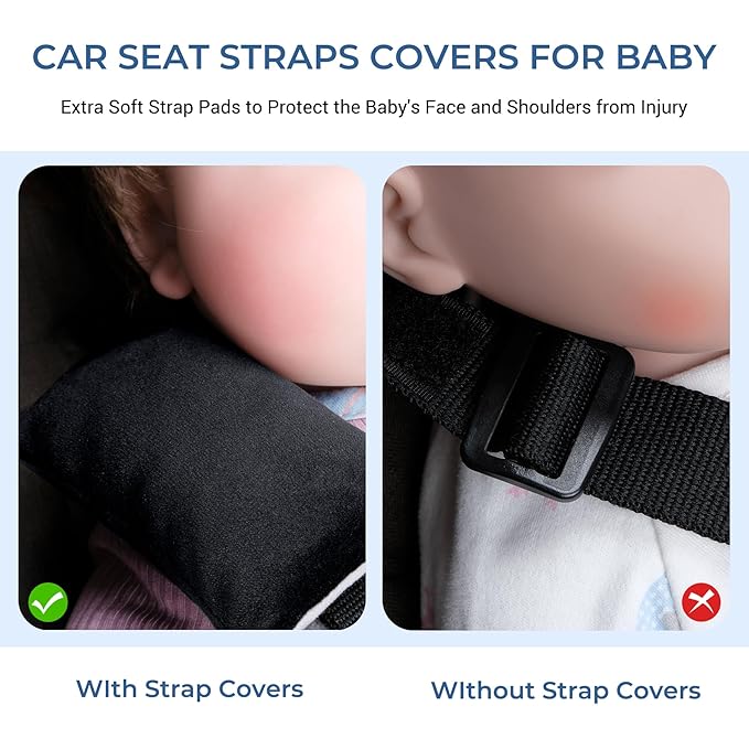 COOLBEBE Car Seat Straps Shoulder Pads for Baby Kids, Super Soft Seat Belt Covers for All Car Seats/Pushchair/Stroller/High Chair (Black/Grey)