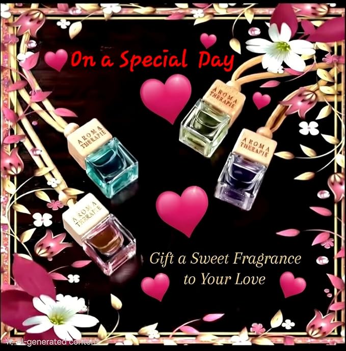 Aromatherapy Car Air Freshener, Natural Fragrance Hanging Diffuser, Long Lasting, Multiple Scents Including Peach, Vanilla Cream, Pink Coconut, and Freesia, Glass Bottle with Wooden Cap, 4pcs