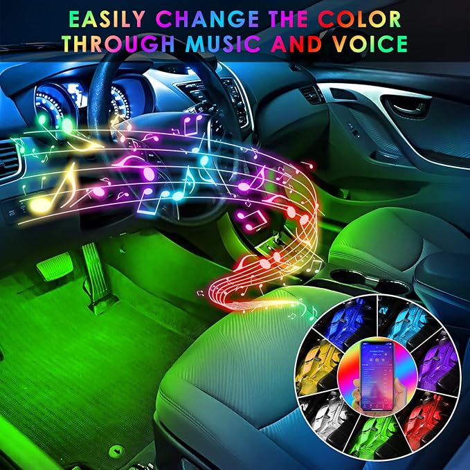 Interior LED Strip Light - 48 LED DIY 16 Million Colors, Microphone App Control, Smart Phone Music Sync RGB Under Dash Waterproof Lighting Kit with Car Charger, USB DC 12V