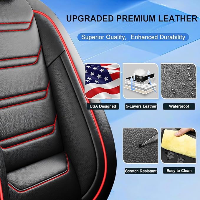 Fit Cruze Car Seat Covers for Select Chevrolet/Chevy Cruze 2011-2019 - Premium Full Coverage Leather, Airbag Compatible, Waterproof & All Weather Seat Cushion Protector, Full Set, Red Trim