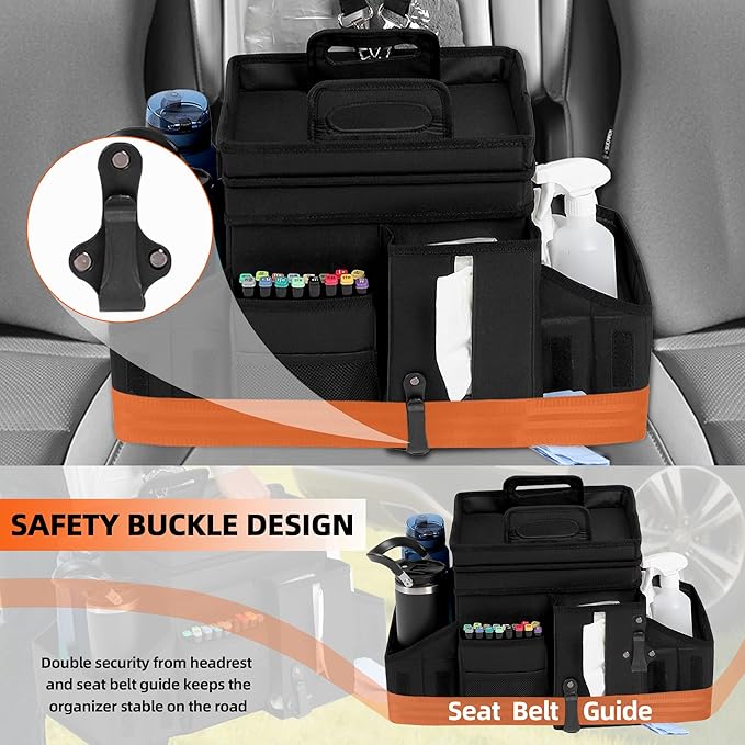 LUVHOMEE Car Organizers and Storage for Backseat & Front Seat - Collapsible Car Caddy w/Headrest Strap, Leakproof Cooler, Lid & Cup Holders | Fits Passenger Seat, Easy-Access Travel Snacks & Drinks