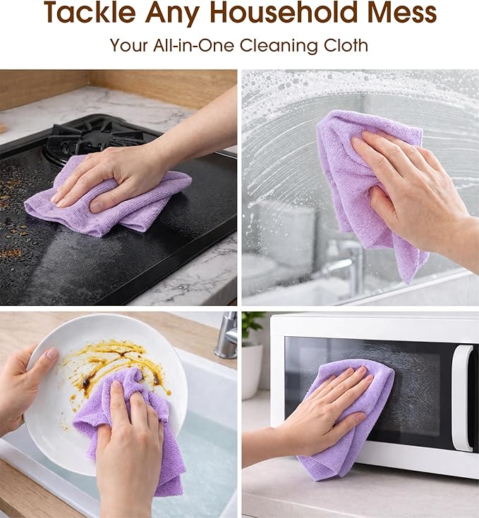 KitchLife Microfiber Cleaning Cloth Roll, 100 Pack - Tear-Away Microfiber Paper Towels, Lint-Free, Reusable, Washable for Kitchen, Car, Dishes, and Sensitive Surfaces (Light Purple)