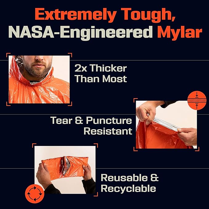 PREPARED4X Emergency Mylar Poncho – Survival Rain Poncho with Hood – Lightweight, Compact, Reusable Emergency Blanket Poncho for Hiking, Camping, Thermal Gear, Car Kit, Outdoors