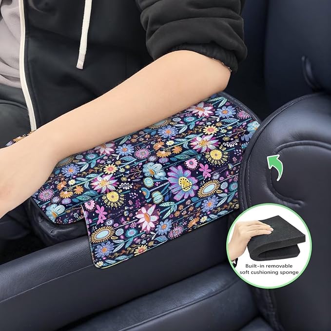 Wanyint Hippie Flower Lotus Car Center Console Cushion Cover Universal Armrest Box Mat Scratch Resistant Wear-Resistant Arm Rest Pad with Pockets Storage Bag Auto Accessories for Women