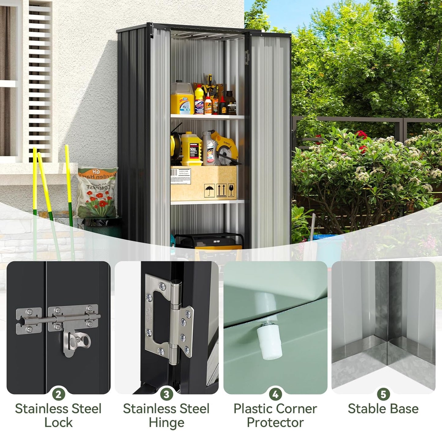 Aoxun 31x19 in Outdoor Storage Cabinet Metal Garden Shed with 2 Adjustable Shelves 3 Layer Indoor& Outdoor Waterproof Vertical Storage Shed for Patio Garden, Garage, Porch (Black, 22 Cu.Ft)
