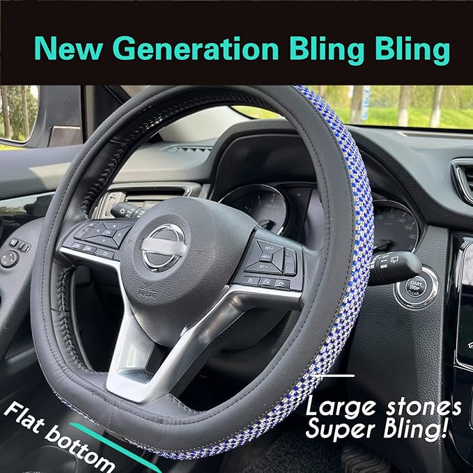 PINCTROT D Shaped Bling Comfy Steering Wheel Cover with Jumbo Crystal Rhinestones, Anti-Slip Diamond Leather, Flat Bottom 14.5-15 Inch (Blue)