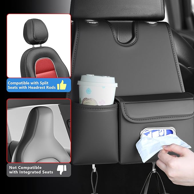 Car Organizer Back Seat, Car Water Cup travel tissue holder Organization Universal car seat back storage sedan SUV compatible vehicle interior accessories Hand-sewn car leather storage bag 1pc
