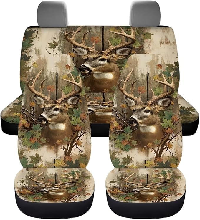 KEIAHUAN Deer Camo Hunting Car Seat Covers for Front and Rear Full Set 4 Piece Universal Front Bucket Seat Cover & Rear Bench Seat Protector Stretchy Breathable for Vans, Trucks, SUVs