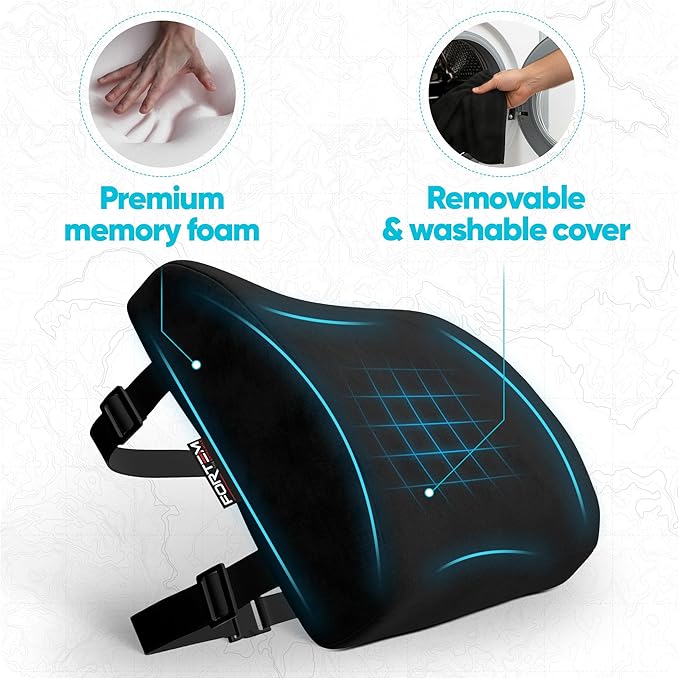 FORTEM Lumbar Support Pillow for Office Chair, Lumbar Support Pillow for Car, Back Rest for Gaming, Memory Foam Pillow, Desk Chair Cushion, Breathable & Washable Cover, Adjustable Straps