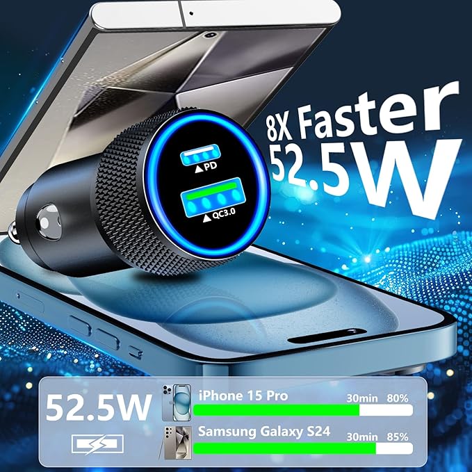 [Apple MFi Certified] iPhone 17 Car Charger, KYOHAYA 52.5W PD/QC Car Power Adapter USB-C Car Charger Cigarette Lighter with Type-C Braided Cable for iPhone 17/17 Pro Max/16 Pro/15/Galaxy S26/S25/Pixel