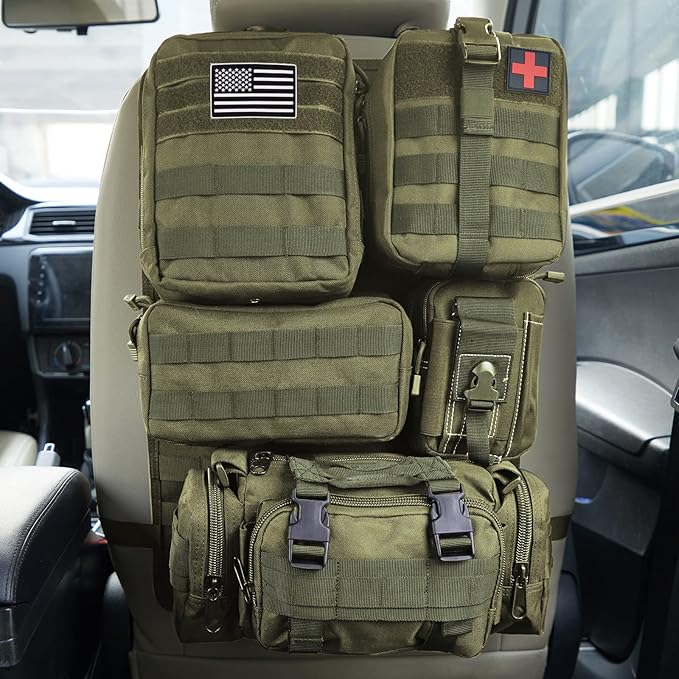 Universal Tactical Seat Back Organizer Vehicle Molle Panel Organizer Storage Bag with 5 Detachable Molle Pouch for All Vehicel Such as Jeep,Truck,SUV, Car, Ford,Chevy etc