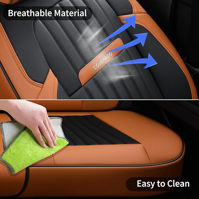 Coverado Car Seat Covers Full Set, Car Seat Protector Car Seat Cushion, Nappa Leather Seat Covers for Cars, Front and Back Seat Protectors Cushions Universal Fit for Most Cars Vehicles(Brown&Black)