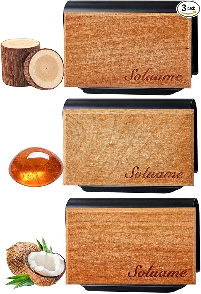 Car Air Freshener, Natural Wood Air Freshener Long Lasting, Car Air Freshener Diffuser with Metal Clip, Magnetic Auto Accessories, Car Odor Eliminator Variety Scent Refill (Teak - Coconut - Amber)