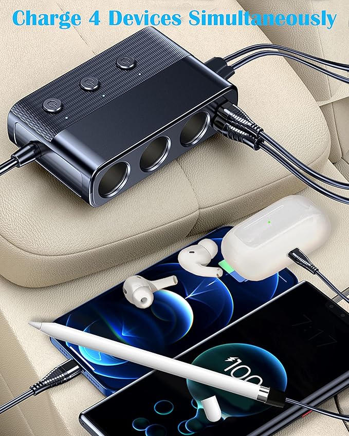 LIHAN 7-1 Cigarette Lighter Splitter,12V/24V Car Charger Adapter with 3 Socket Expander,PD30W Type-C,QC3.0 & Dual USB Ports,Independent Switches,Voltage Display,3.3FT Extension Cord fit Truck RV SUV
