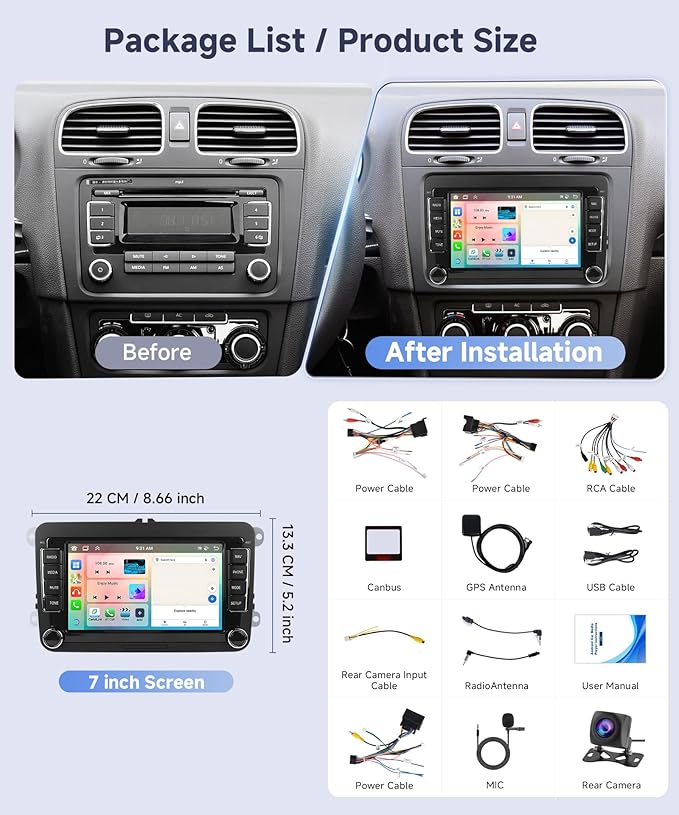 8 Core 6G+128G Android Car Stereo for VW Golf MK5 MK6 Passat Jetta Tiguan T5 EOS Polo with Wireless CarPlay Android Auto, 7” Touchscreen Car Radio GPS WiFi SWC Bluetooth 32EQ Backup Camera