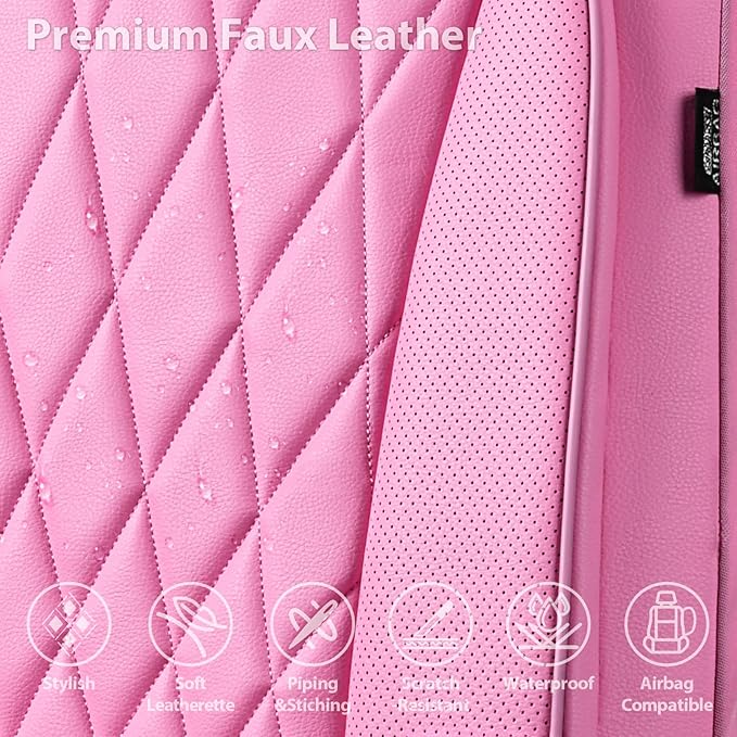 CAR PASS Piping Luxury Leather Two Front Car Seat Covers, Cute Girly Waterproof Anti Slip Seat Covers Compatible with Front Seat Armrests,Universal Fit for Suvs,Vans,Trucks,Airbag Compatible(All Pink)