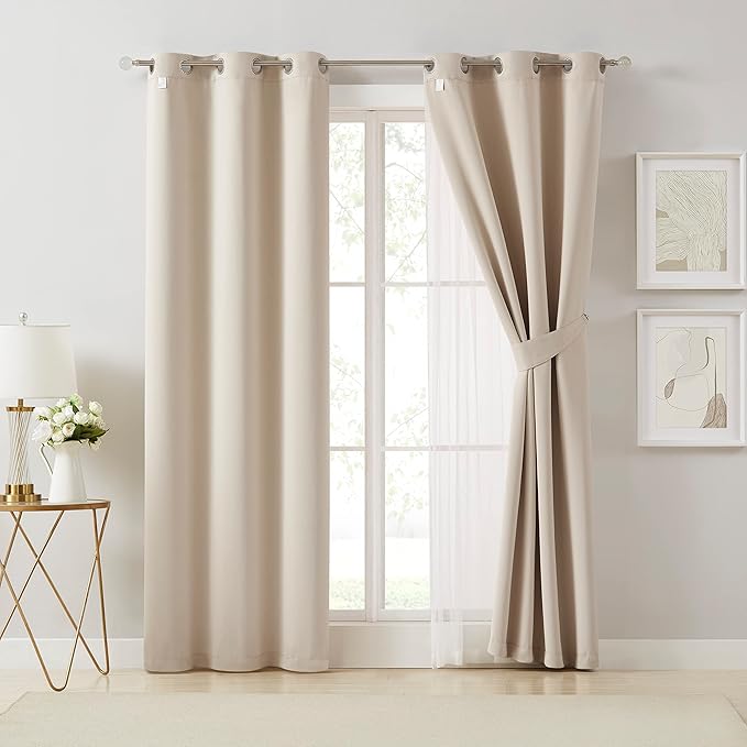 Bujasso Beige 80% Blackout Curtains with Sheer Overlay Mix and Match Double Layer Thermal Insulated Window Panels 102 inch for Living Room Bedroom Beige Drapes with Tiebacks Grommet Top 54" Wx102 Lx2