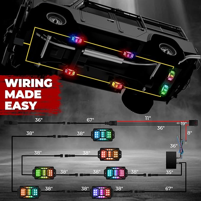 6 Pods Five Sided RGB Rock Lights for Trucks Jeep UTV SUV ATV Golf Cart, Multi Chasing Color App/Remote Control Led Rock Lights with Music Mode, Waterproof Exterior Underglow Kits for Cars