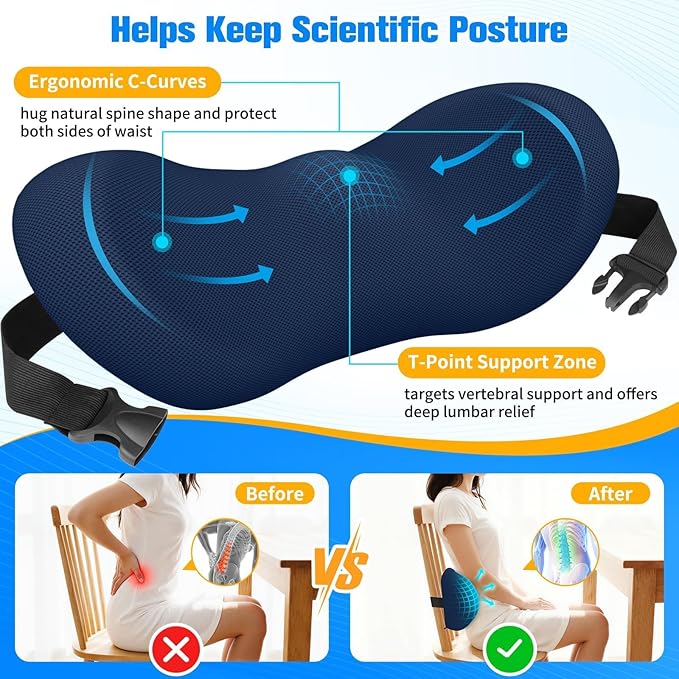 Lumbar Support Pillow for Office Chair - Memory Foam Lumbar Pillow with Detachable Strap & Breathable Cover, Ergonomic Back Support for Office Chair, Car, Bed Rest (Blue)