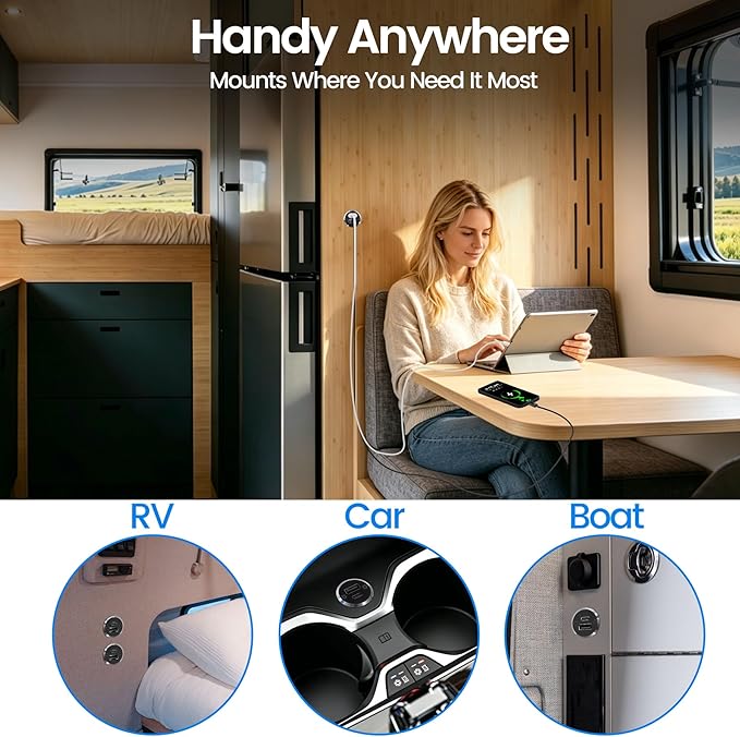 12V USB Outlet All-Aluminum QC 3.0 USB-A & USB-C PD3.0 Dual High-Speed Charger Socket, Recessed Mount Type-A Type-C Port for Camper Van Trailer RV Boat Truck (Big Version)