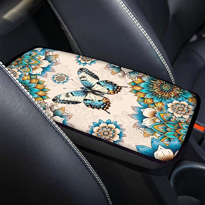 Butterfly Boho Center Console Cover for Car Soft Waterproof Armrest Cover Cushion Mandala Floral Armrest Seat Box Cover Protector for Most Vehicle SUV Truck Carssa