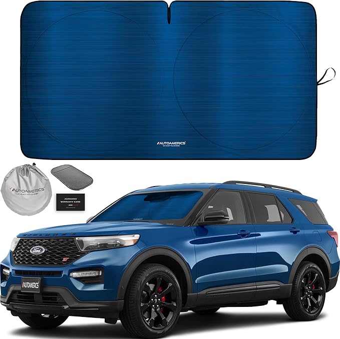 Autoamerics 1-Piece Windshield Sun Shade - Metallic Blue Foldable Car Front Window Sunshade for Most Cars SUV Truck Heat Blocker Visor Protector Blocks Max UV Rays and Keeps Your Vehicle Cool - Medium