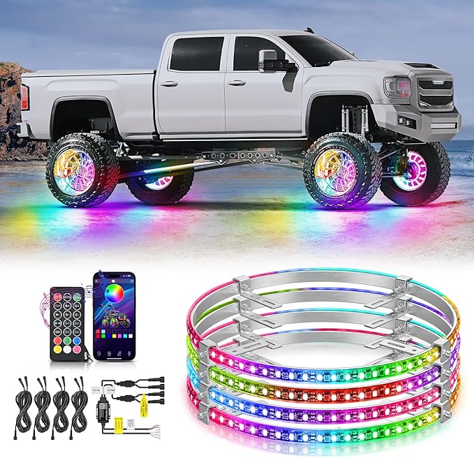 Nilight 4PCS 15.5inch Wheel Ring Lights Deram Color with APP and Remote Control Neon Lights Million Colors w/Turn Signal and Braking Function for Car Van SUV Truck