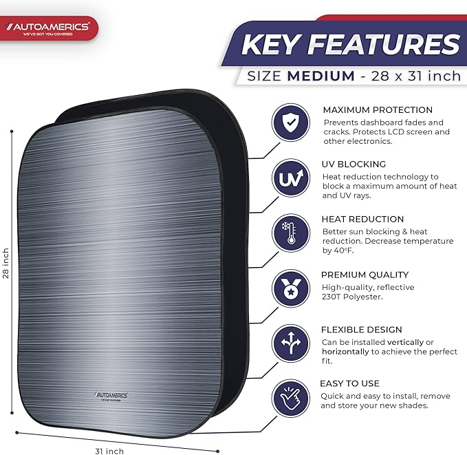 Autoamerics 2-Piece Windshield Sun Shade - Metallic Gray Foldable Car Front Window Sunshade for Most Cars SUV Truck Heat Blocker Visor Protector Blocks Max UV Rays and Keeps Your Vehicle Cool - Medium