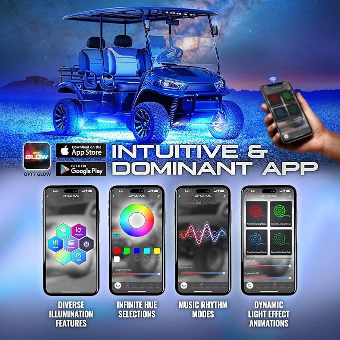 OPT7 12V Aura Golf Cart Underglow LED Light Strips with App & Remote Control, 4PC RGB Multi-Color Music Sync Decor Accessories, Waterproof Exterior Neon Accent Lighting Kit for EZGO Yamaha Club Car