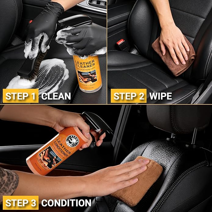 Car Leather Cleaner and Conditioner Kit, Leather Care Kit with Horse Hair Cleaning Brush - Safe for Car Interiors, Furniture, Boots, Bags & Apparel - Deep Cleaning, Non-Greasy Restorer