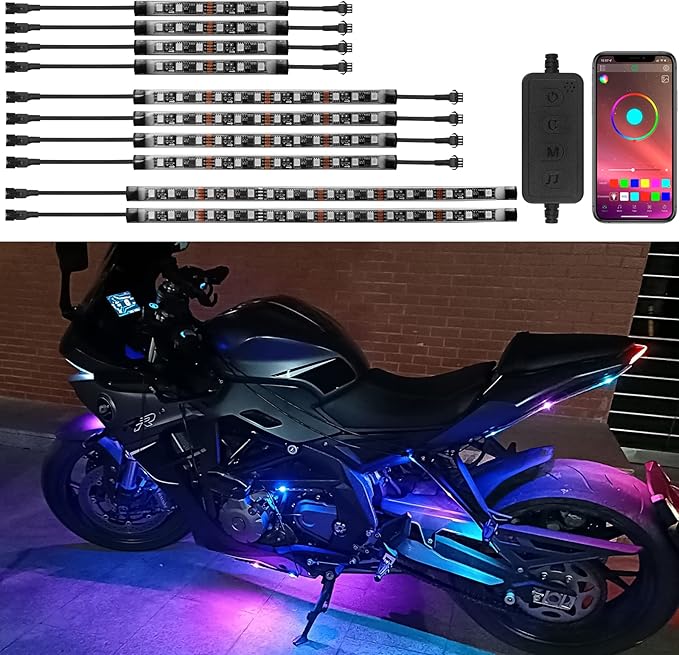 10Pcs Motorcycle LED Underglow Kit, RGB LED Strips Lights with APP Control, Compatible with Harley Davidson, Honda, Kawasaki, Suzuki
