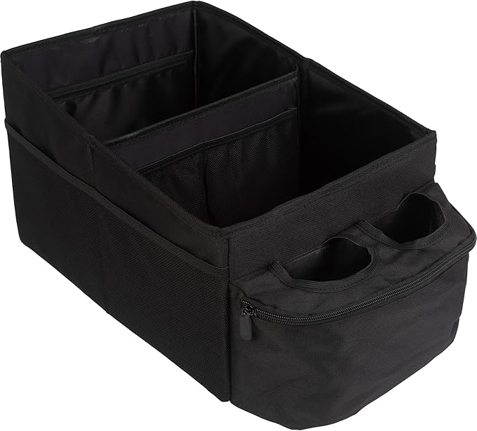 Backseat Car Organizer Back Seat or Front Car Seat Organizer - Collapsible Storage Box Caddy with 2 Cupholders and Partitions for Files, Books, Toys, Snacks, Drinks or Road Trip Essentials by Stalwart